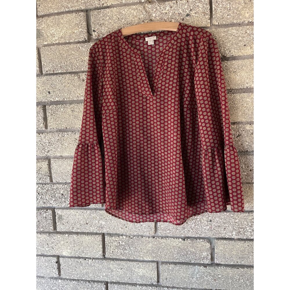 J. Crew Burgundy Printed Bell Sleeve Blouse - Size M